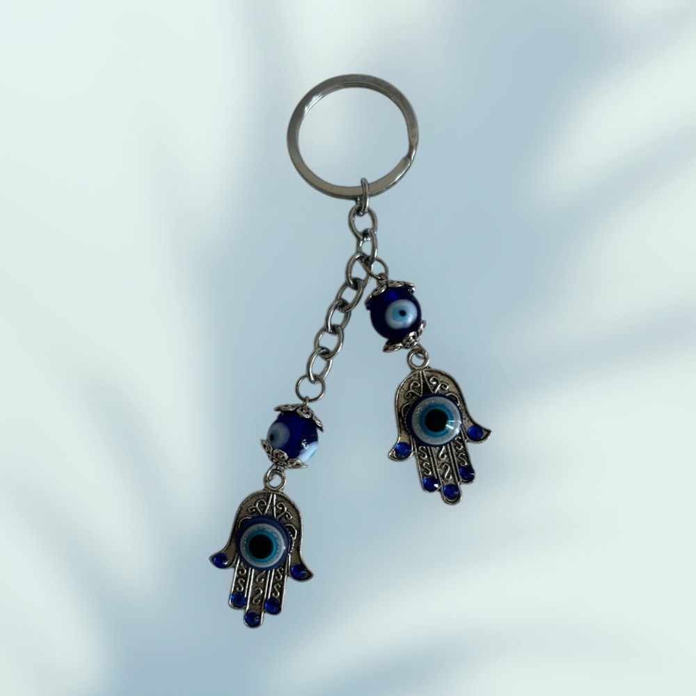 Evil Eye Silver Hamsa Keychain Hand Fatima Protection Charm Key Holder